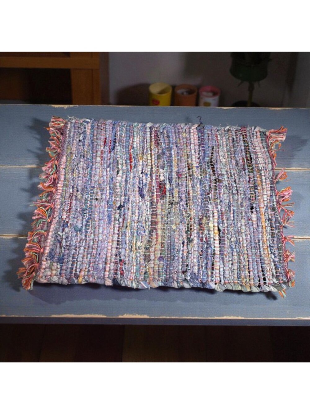 Handwoven Multicolor Rag Rug Placemats With Fringe Cotton & Polyester Boho Table - Picture 2 of 6